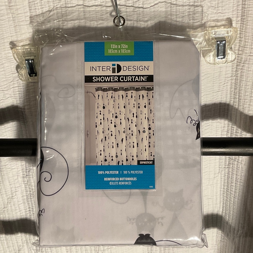 White Shower Curtain with Black Cat Design